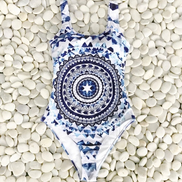 NEW Blue White Boho 1 Piece Swimsuit S M L NWT ! - Picture 2 of 8